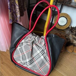 TAHARI “Riverdale” Plaid Vegan Leather Large Tote Bag Purse Red Black White